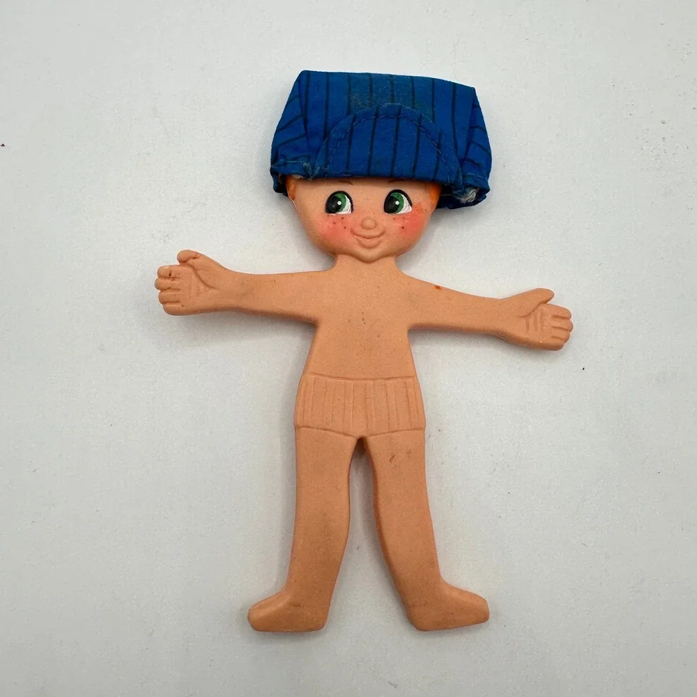 Vintage 1969 Ideal Flatsy Rubber Doll Boy Orange Hair Green Eyes Blue Hat Toy